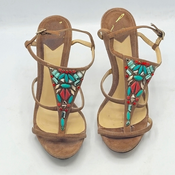 Brian Atwood Tan Suede Donosa Tribal Jeweled Ankle Strap Heels Sandals 7.5 - Picture 1 of 14